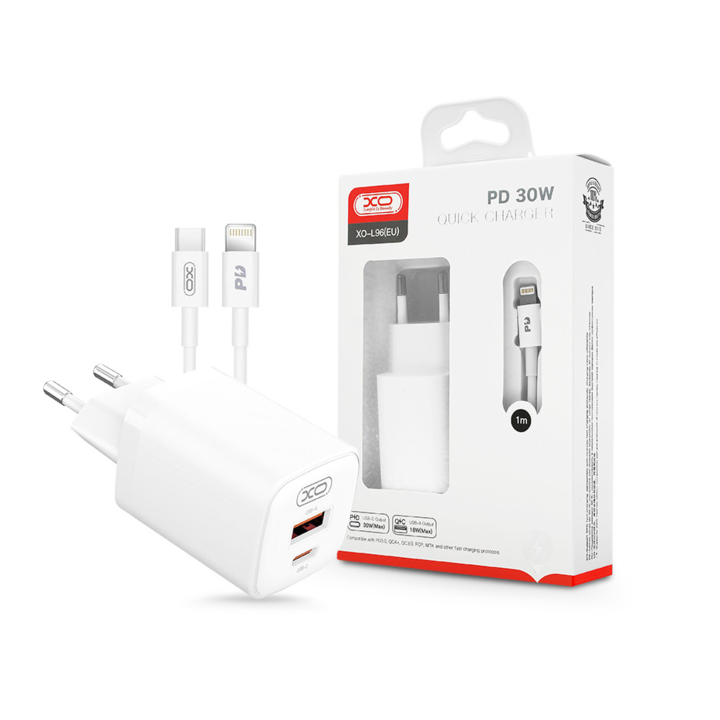 Адаптер за захранване XO с Type-C + USB вход, Type-C - Lightning кабел -30W - XO L96 Quick Charger Suit PD.3.0, QC3.0 - бял (TF-0204)