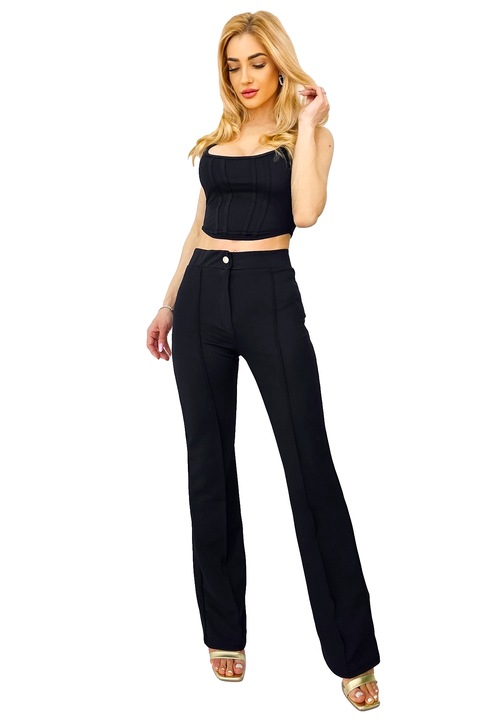 Compleu elegant Allan, top cu decolteu simetric, cusaturi evidentiate, Negru