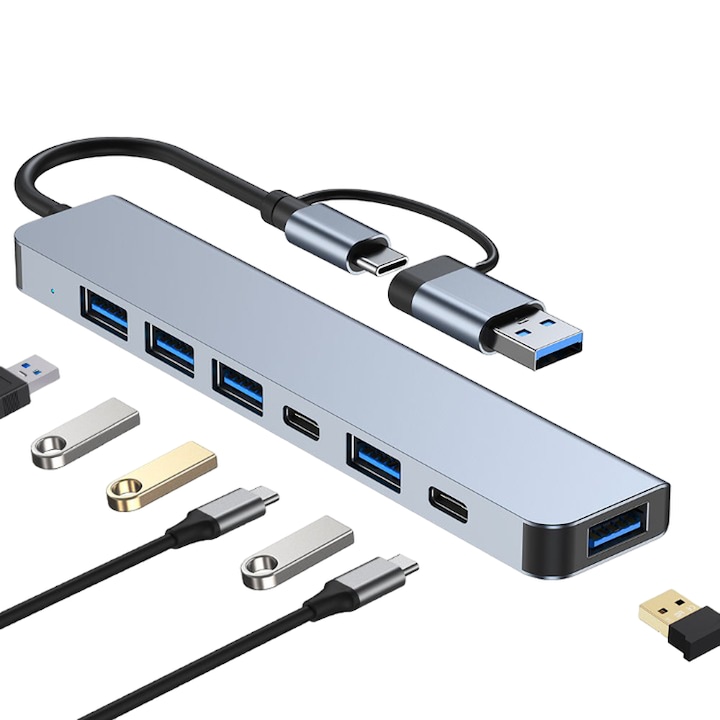 Staryon Hub Adapter Multiport 7 az 1-ben USB Type C & USB-A 3.0 - / 1*USB 3.0 / 4*USB 2.0 / 1*USB Type C / 1*5W tápegység/ dokkoló állomás laptophoz, MacBook Air/Pro-hoz, Chromebook, táblagép, alumínium