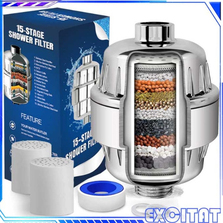 Filtru de apa pentru dus cu 20 de stagii de filtrare, EXCITAT, Elimina impuritatile, metalele, clorul si mirosul neplacut, Infuzie vitamina C, 2 filtre incluse