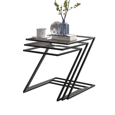 Set 3 masute de cafea patrate, Marsah Home, 50x50x50cm, cadru metalic negru mat, sticla securizata transparenta