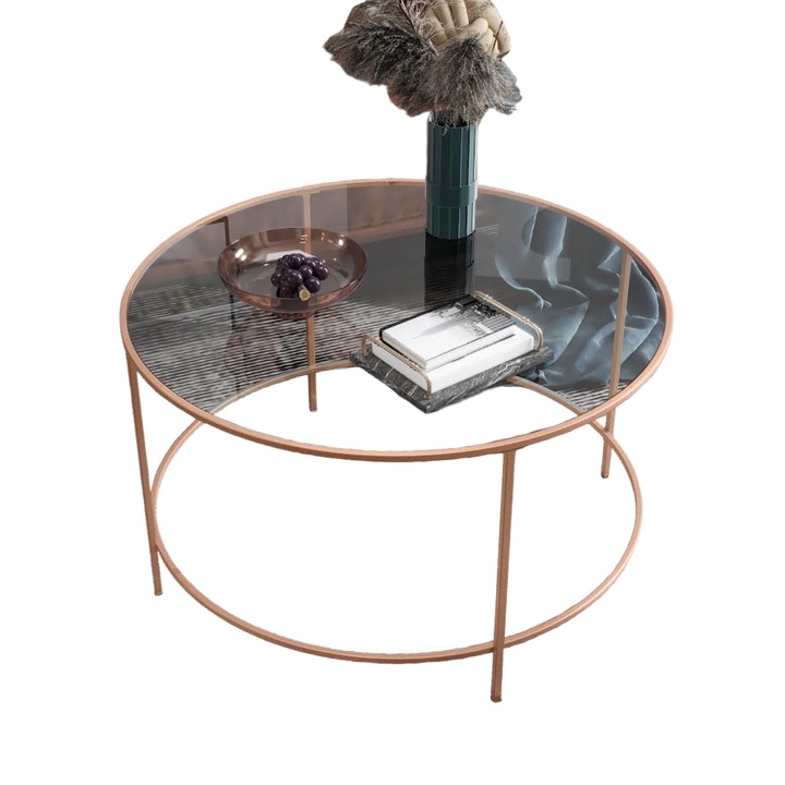 Masa de cafea Muna, Marsah Home, diametru 80 cm, inaltime 45 cm, cadru metalic bronz, sticla securizata transparenta