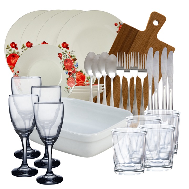 Set complet de masa, Red Roses, 30 piese, Portelan, Alb cu trandafir rosu
