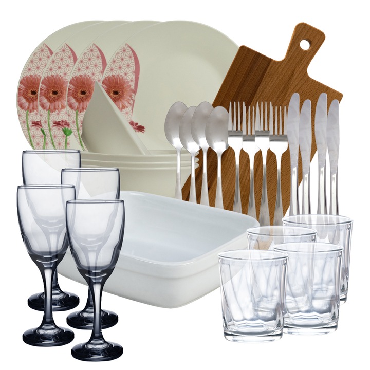 Set complet de masa, Daisy, 30 piese, Portelan, Alb lucios cu margareta