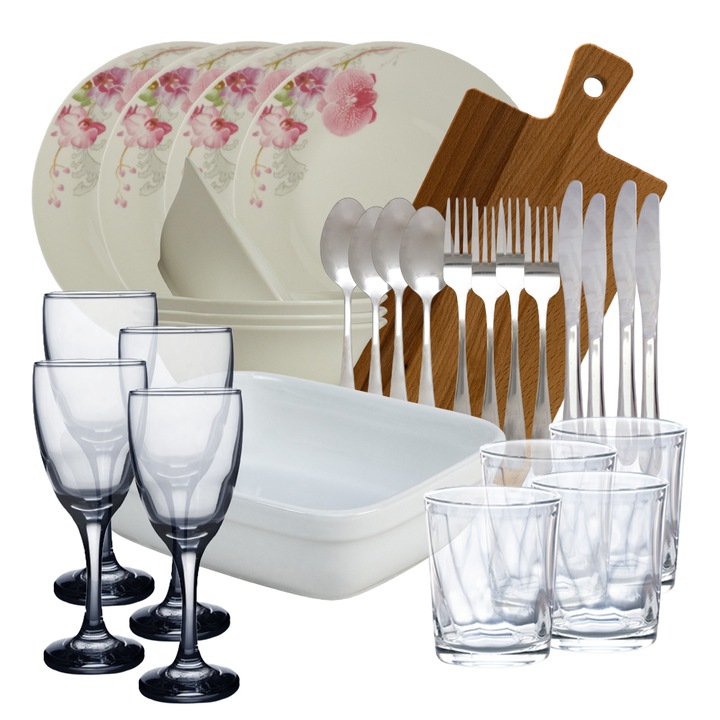 Set complet de masa, Orchid, 30 piese, Portelan, Alb lucios cu orhidee