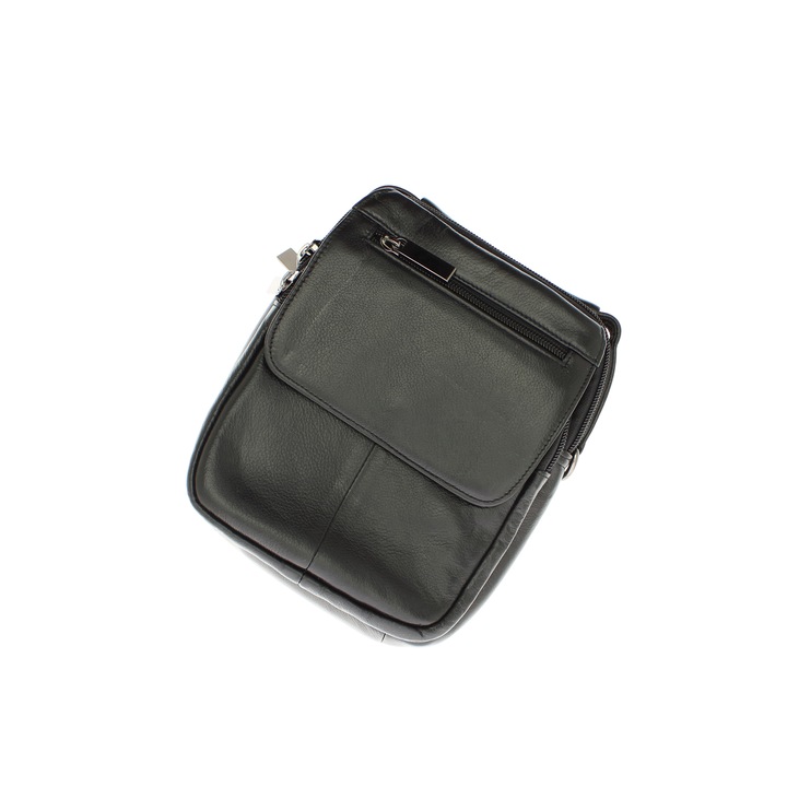 Férfi válltáska, természetes bőrből, ButicCochet, 16 x 19 x 8 cm, fekete - GNM26