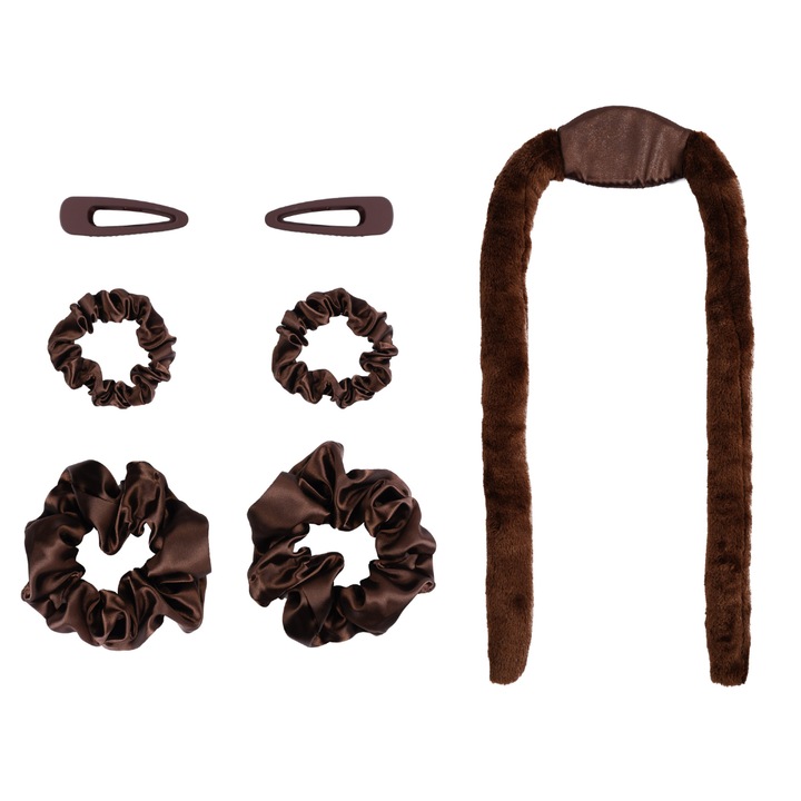 Kit ondulator textil bucle fara caldura, Beauty Curler Meloni, din microfibra, cu accesorii, maro