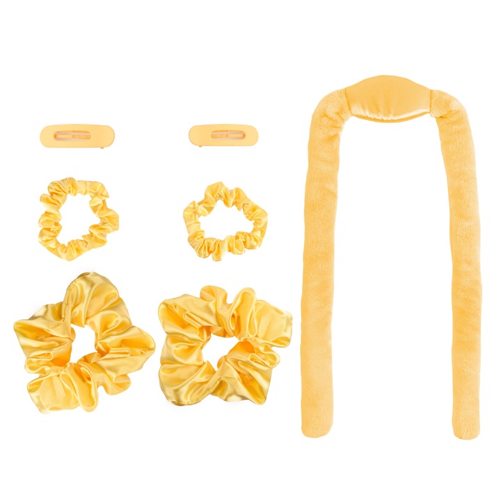 Kit ondulator textil bucle fara caldura, Beauty Curler Meloni, din microfibra, cu accesorii, galben