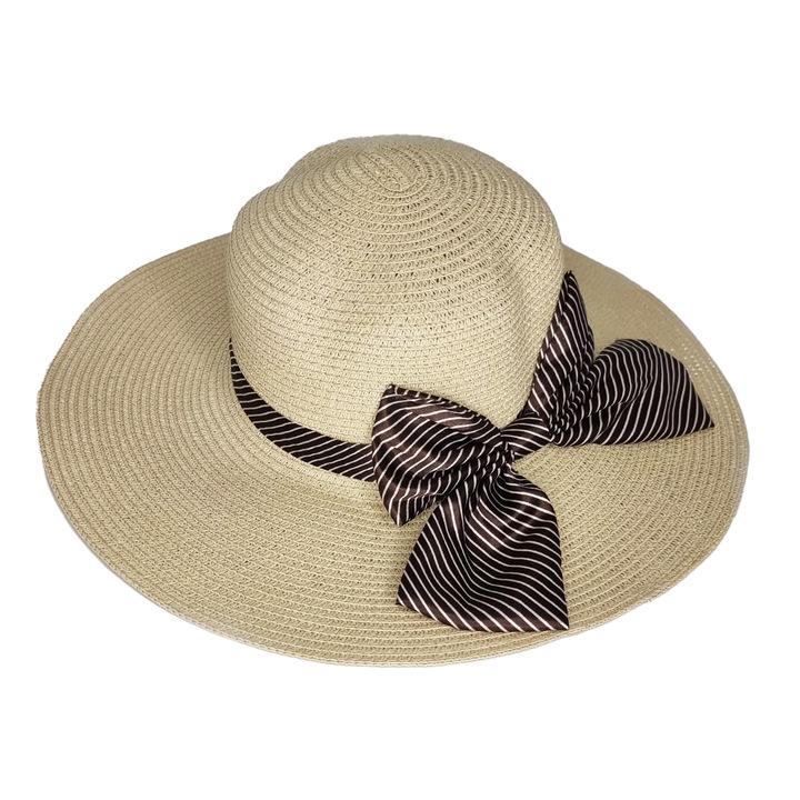 Palarie de plaja Teri, din paie, cu fundita maro, imprimeu in dungi si bor lat, Crem, Circumferinta 55cm