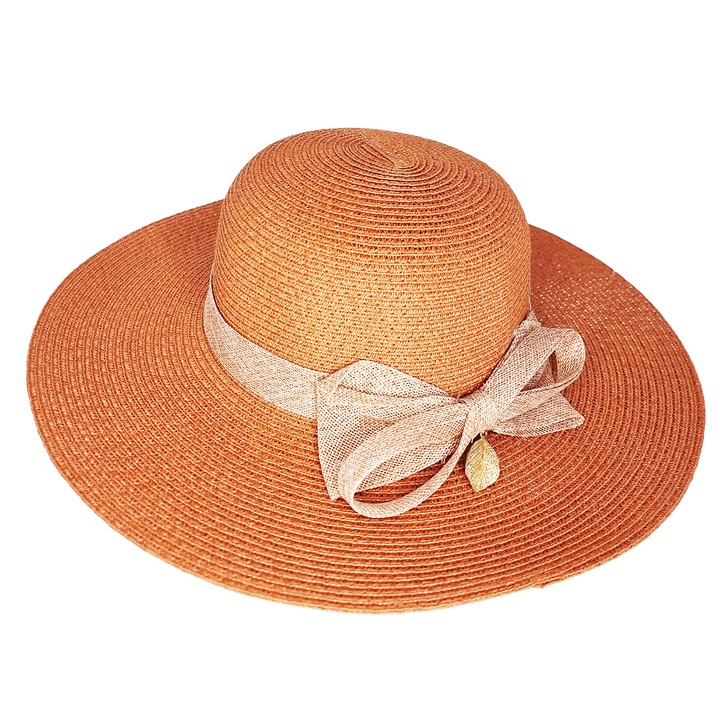 Palarie de plaja Leaflet, din paie, cu fundita din iuta si frunza decorativa, Portocaliu, Circumferinta 55cm