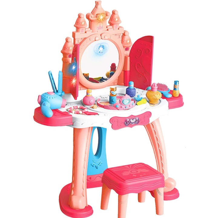 Masuta de Machiaj pentru Fetite, PrincessMake-up KinderVibe™, cu Scaunel, Include 35 de Piese, Oglinda Mare, Uscator, Accesorii Superbe, Melodii si Lumini, Inaltime 81cm, Corai