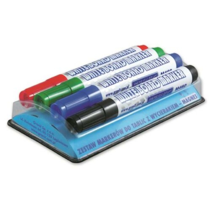 GRANIT M460 Комплект маркери за бяла дъска, 2-3 мм, коничен, с магнитен държач за химикал, 4 различни цвята