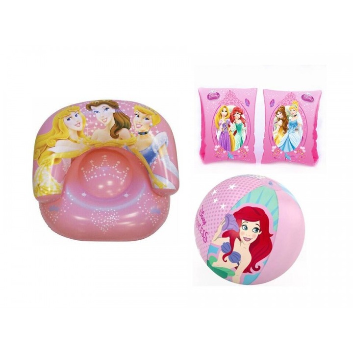 Set complet pentru plaja Princess (fotoliu, aripioare, minge), multicolor