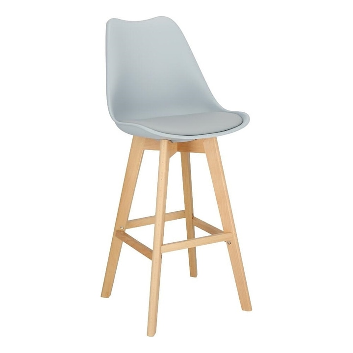 Scaun bar QMOBILI Tori bar Gri deschis, scoica PP, sezut piele ecologica, picioare lemn fag natur