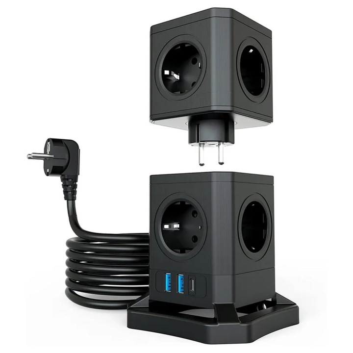 4000W/16A INNOVIO® разглобяем удължител за кула, 10 гнезда, 2 USB-A порта, 1 USB-C 30W порт, Защита за деца, Висока мощност, Защита от пренапрежение и късо съединение, Заземяване, 2 м кабел, Цвят черен