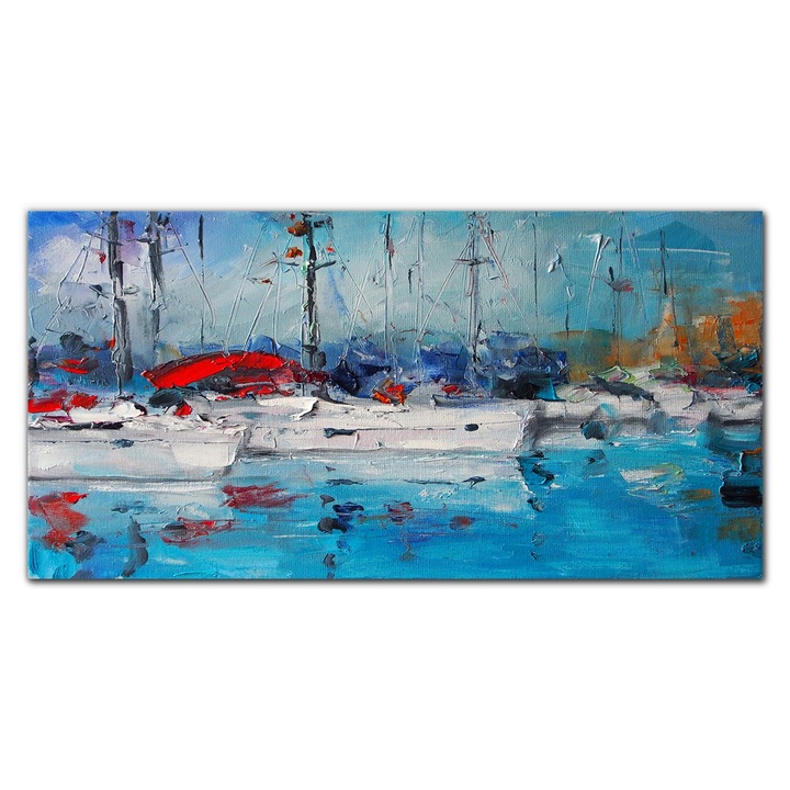 Vászonkép, Coloray, Négyszögletes, Festmény Absztrakt Kikötő Hajók Víz, Kék, 140x70 cm, 010030010100000048566