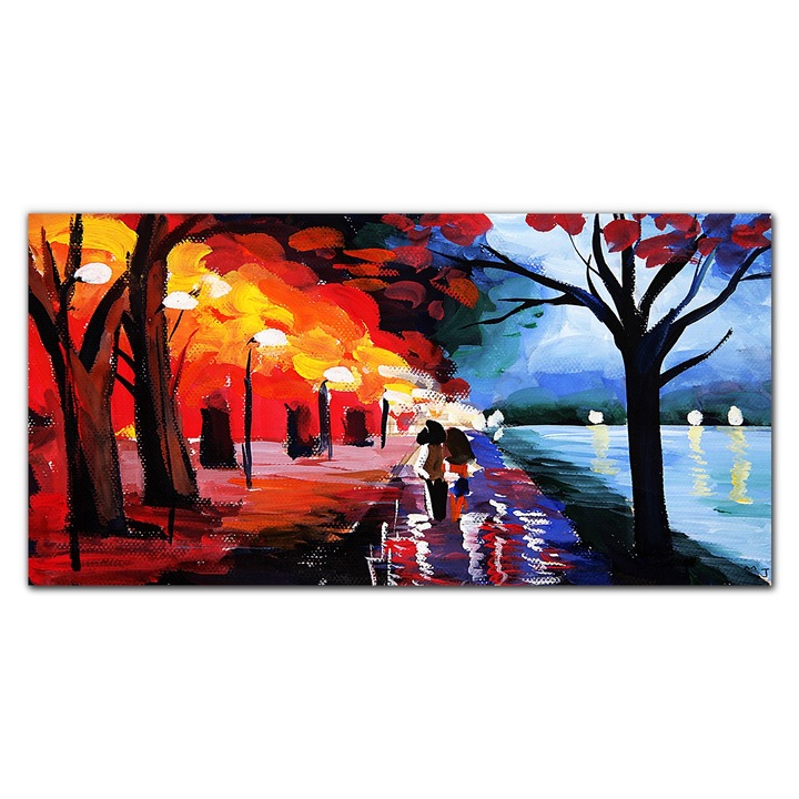 Картина на платно, Coloray, Дървена рамка, Маслена картина Park Couple Trees Lamps Art, Многоцветна, 120x60 cm, 010030010060000048560