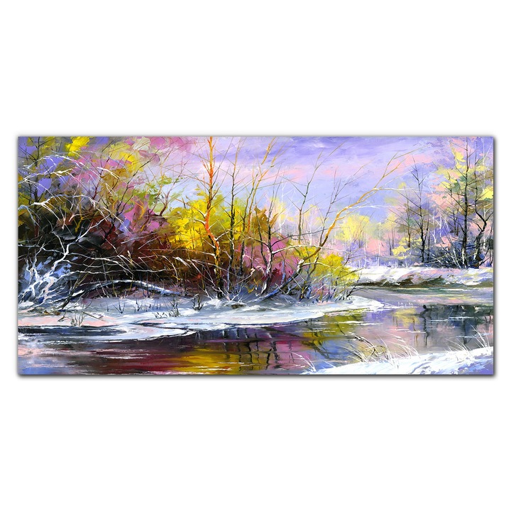 Vászonkép, Coloray, Négyszögletes, Olajfestmény Téli Fák Folyó Természet, Sárga, 140x70 cm, 010030010100000048971