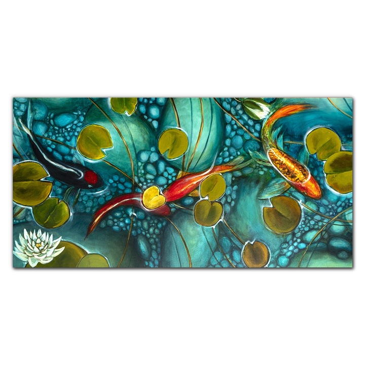 Vászonkép, Coloray, Négyszögletes, Festés Hal Koi Virágok Természet Művészet, Többszínű, 140x70 cm, 010030010100000033602