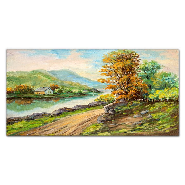 Vászonkép, Coloray, Négyszögletes, Festmény A Szárazföldi Út Fák Folyó, Kék, 120x60 cm, 010030010060000049067