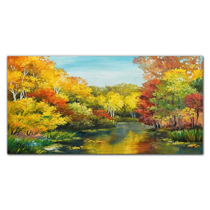 Картина на платно, Coloray, Дървена рамка, Маслена картина Forest Rain Trees Sky Art, Yellow, 140x70 cm, 010030010100000049374