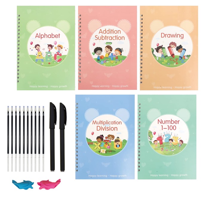 Комплект от 5 работни книги LeeXo за многократна употреба, многоцветни, включително 2 химикалки, 10 пълнителя, 2 опори за корекция