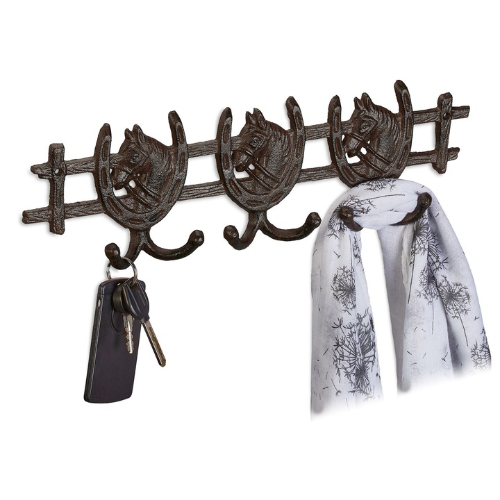 Cuier de perete, model vintage, 6 carlige, 11 x 36,5 x 3,5 cm, maro