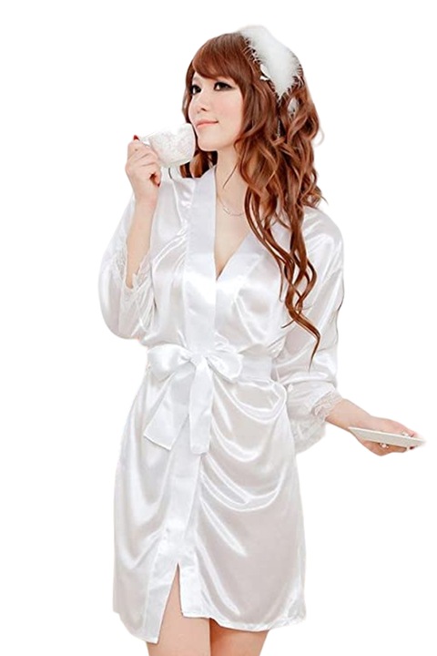 Lenjerie sexy tip halat, maneci lungi, cordon in talie, chilot tanga, EFAYN, Alb, One Size