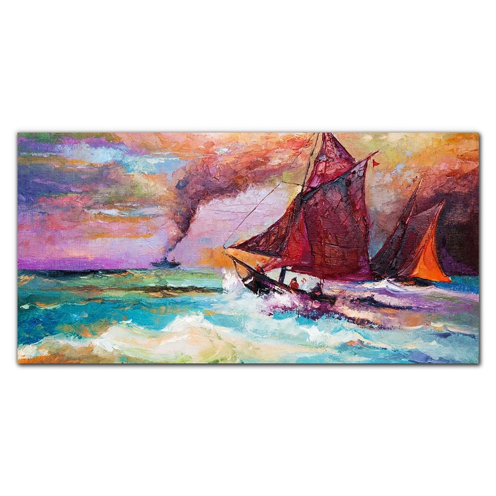 Vászonkép, Coloray, Négyszögletes, Festmény Absztrakt Tengeri Hajók Hullámai, Többszínű, 100x50 cm, 010030010010000052443