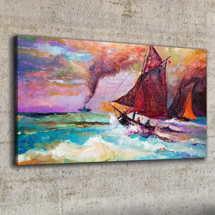 Vászonkép, Coloray, Négyszögletes, Festmény Absztrakt Tengeri Hajók Hullámai, Többszínű, 100x50 cm, 010030010010000052443