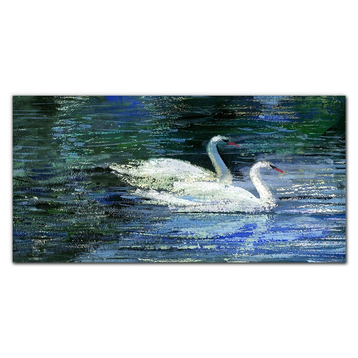 Картина на платно, Coloray, Дървена рамка, Картина езеро Животни Птици Лебеди Вода, Синьо, 120x60 см, 010030010060000052498