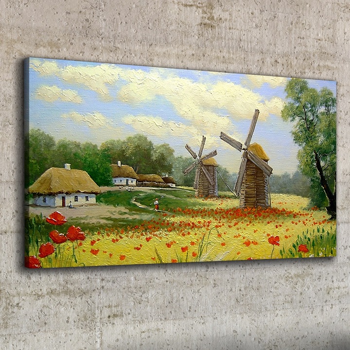 Vászonkép, Coloray, Négyszögletes, Táj Felhők Virágok Pipacsok, Zöld, 100x50 cm, 010030010010000052640