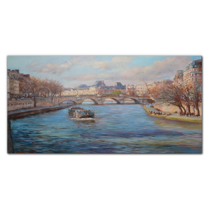 Картина на платно, Coloray, Дървена рамка, Сгради City Rau Bridge Boat Trees, Многоцветна, 120x60 cm, 010030010060000052679