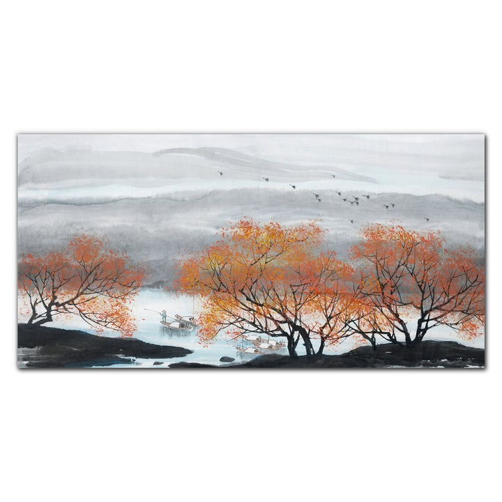 Картина на платно, Coloray, Дървена рамка, Картина Азиатска планина Арес Лодки, Бяло, 120x60 см, 010030010060000052697