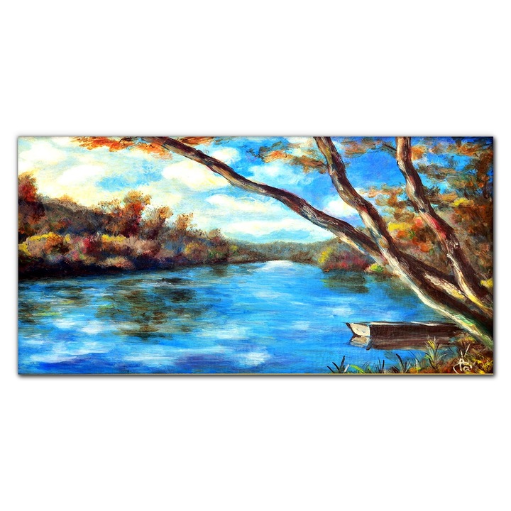 Картина на платно, Coloray, Дървена рамка, Картина Дървета Гора Река Облаци Природа, Синьо, 120x60 см, 010030010060000052761