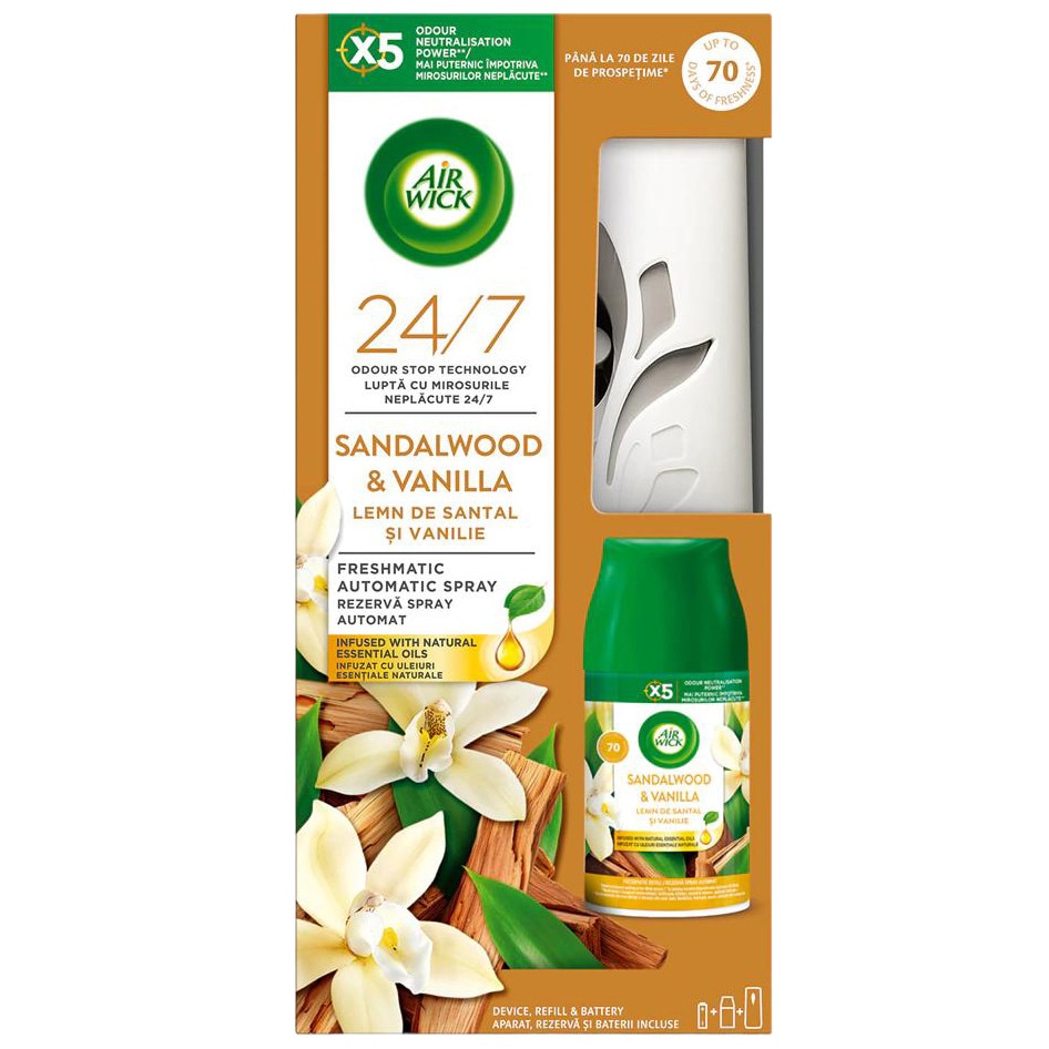 Odorizant automat de camera Air Wick Freshmatic, Lemn de Santal & Vanilie, 250ml