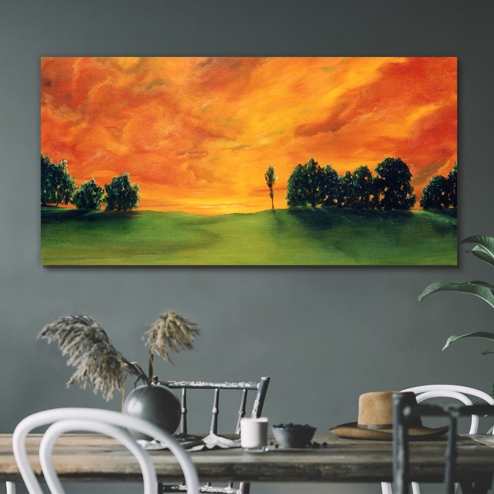 Vászonkép, Coloray, Négyszögletes, Festmény Fák Naplemente Égbolt, Zöld, 120x60 cm, 010030010060000015125