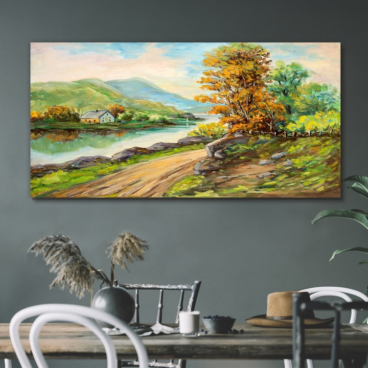 Vászonkép, Coloray, Négyszögletes, Festmény A Szárazföldi Út Fák Folyó, Kék, 120x60 cm, 010030010060000049067