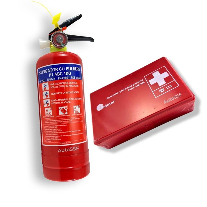 Комплект аптечка за първа помощ AUTO + пожарогасител P1 с прах, AutoSSF ®, валидност 5 ГОДИНИ