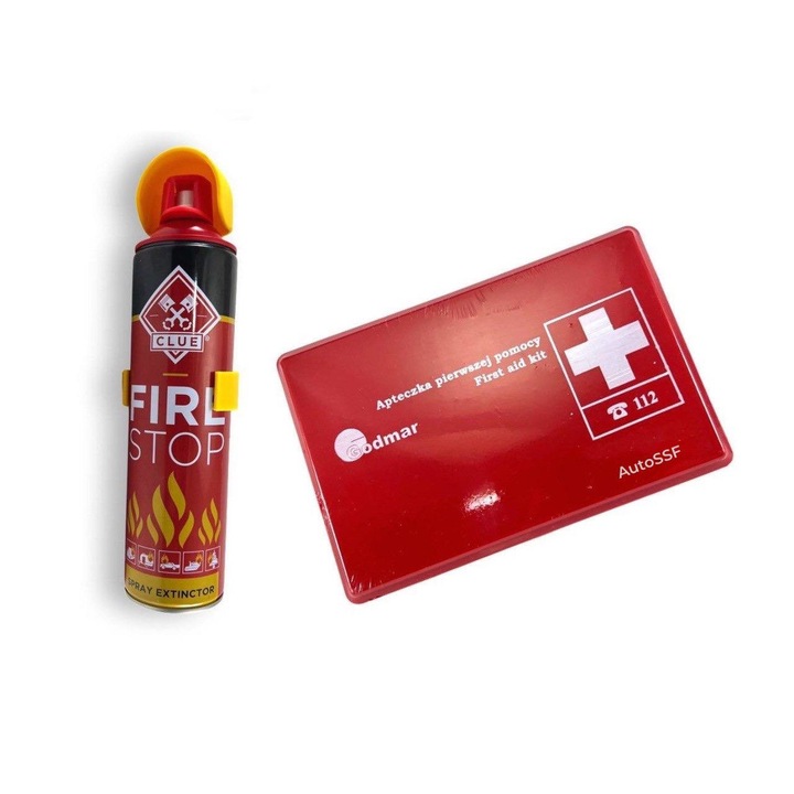 Комплект аптечка за първа помощ за автомобил + пожарогасител спрей 1000 ml, AutoSSF ®, валидност 5 ГОДИНИ