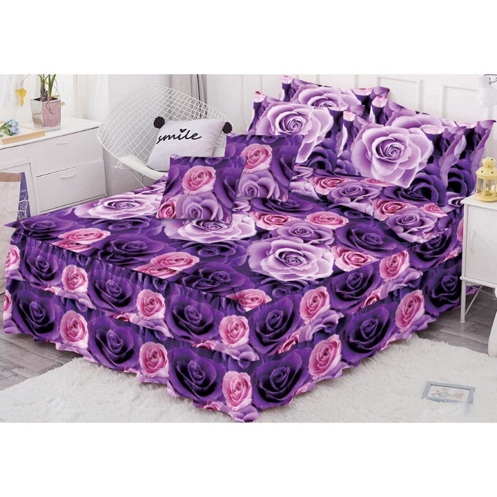 Lenjerie de pat dublu, cearsaf cu volanase, Finet, 6 piese, 2 persoane, imprimeu Trandafiri, M1, 200x230cm