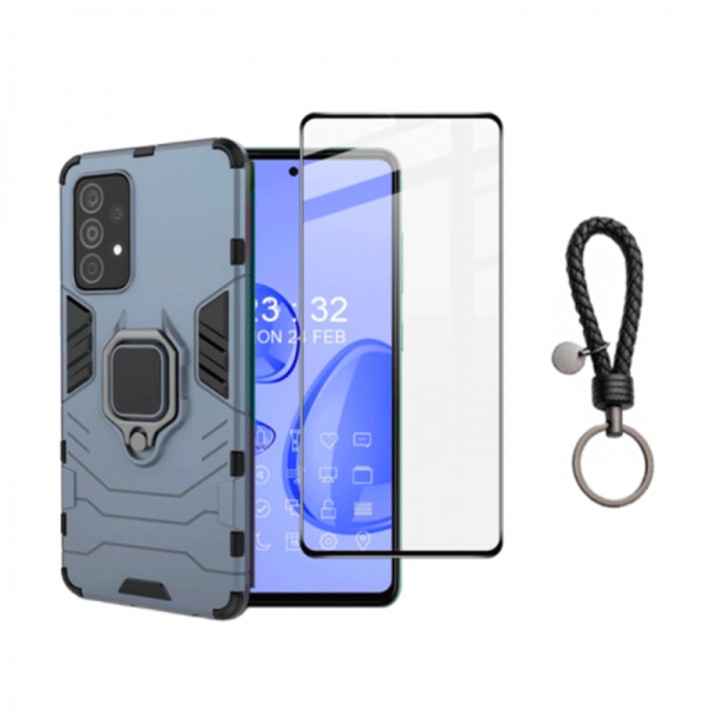 Калъф за телефон и комплект фолио за Samsung Galaxy A53 5G, удароустойчив хибриден калъф със стойка за халки, пълноразмерно стъклокерамично фолио и ключодържател, тъмно син, черен