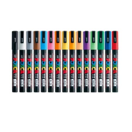 Set 15 markere UNI POSCA, permanente, pe baza de apa, varf 0.9 mm