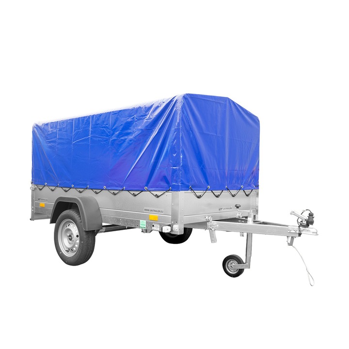 Remorca auto monoax GARDEN TRAILER 230 KIPP cu roata de sprijin si cadru H-800 cu prelata albastra