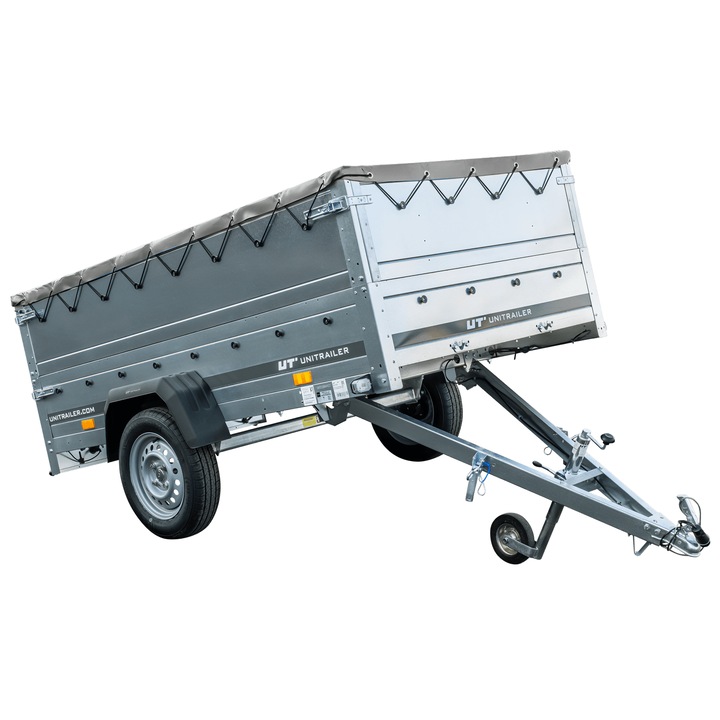 Remorca auto cu o singura axa 230x125 cm Remorca de gradina 230 KIPP [cu pereti laterali suplimentari, prelata plata, bare de sustinere a prelatei si roata de manevra