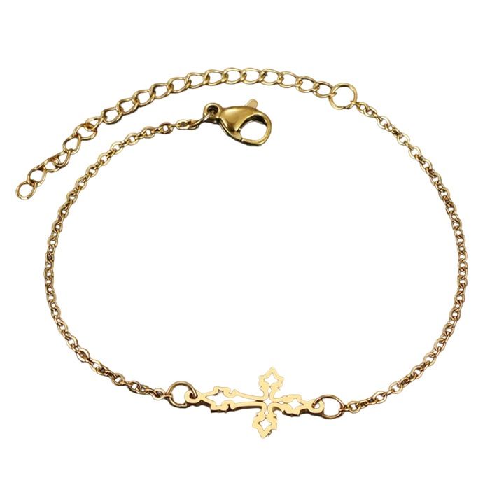 Дамска гривна, модел класически кръст, висулка кръст, регулируема, златна, EFAYN