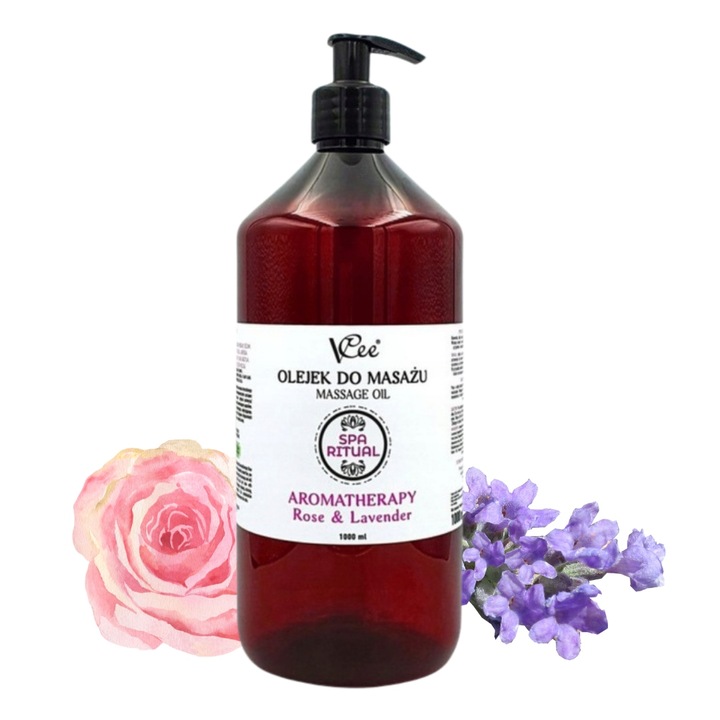 Ulei de masaj natural VCee, cu aroma de trandafiri si lavanda, pentru relaxare profunda si aromaterapie, hidrateaza pielea, ideal pentru uz profesional in saloane si spa, 1000 ml