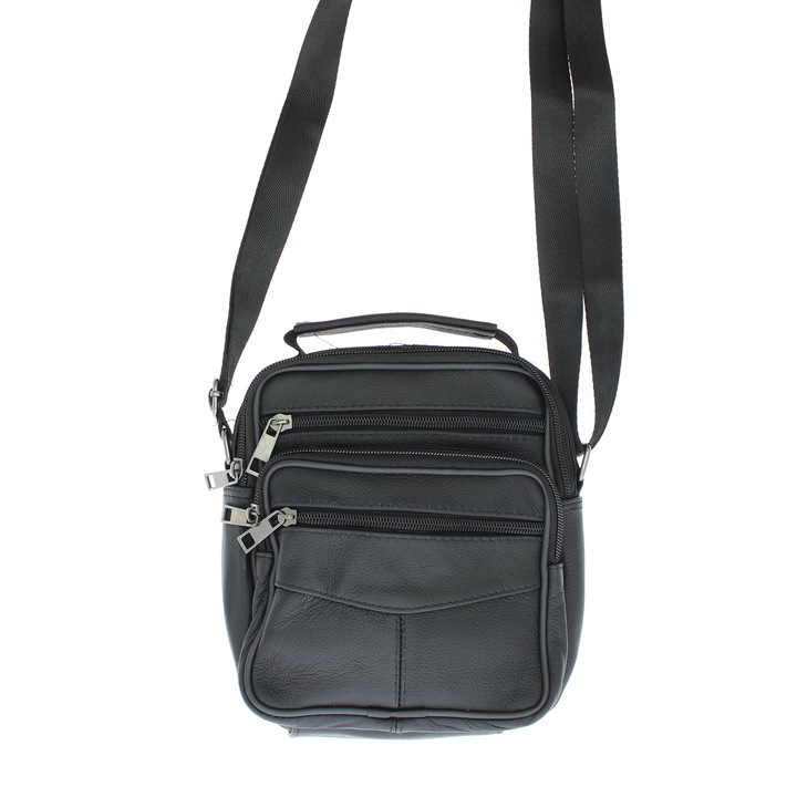 Férfi válltáska, természetes bőrből, ButicCochet, 17 x 20 x 4 cm, fekete - GNM47