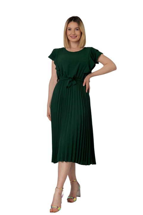 Зелена плисирана рокля с волани на ръкавите, Зелен, One Size