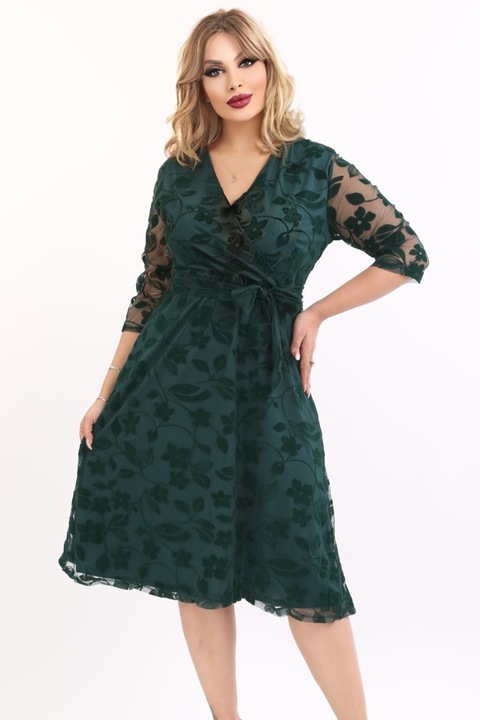 Rochie Alma, eleganta, cu broderie catifelata, culoare Verde, cu decolteu in V, Marimea 4XL